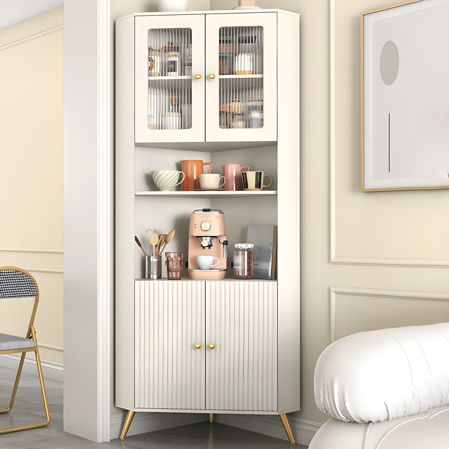 Modern Corner Accent Cabinet with White Wood Countertop, Glass Doors, and Gold Metal Base