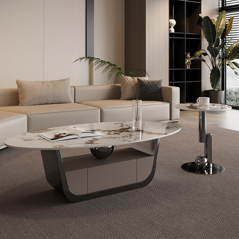 Glamorous Oblong Stone Coffee Table with Abstract Base, Scratch-proof and Drawer for Small Spaces - image 3