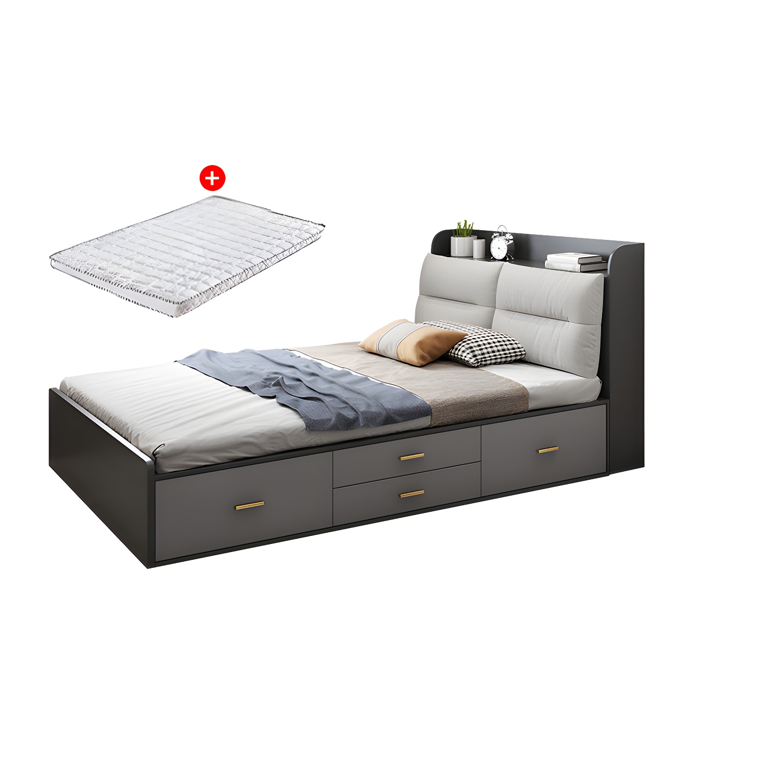 Scandinavian Low Profile Bed with Headboard Upholstered Bed with Drawers - image 15