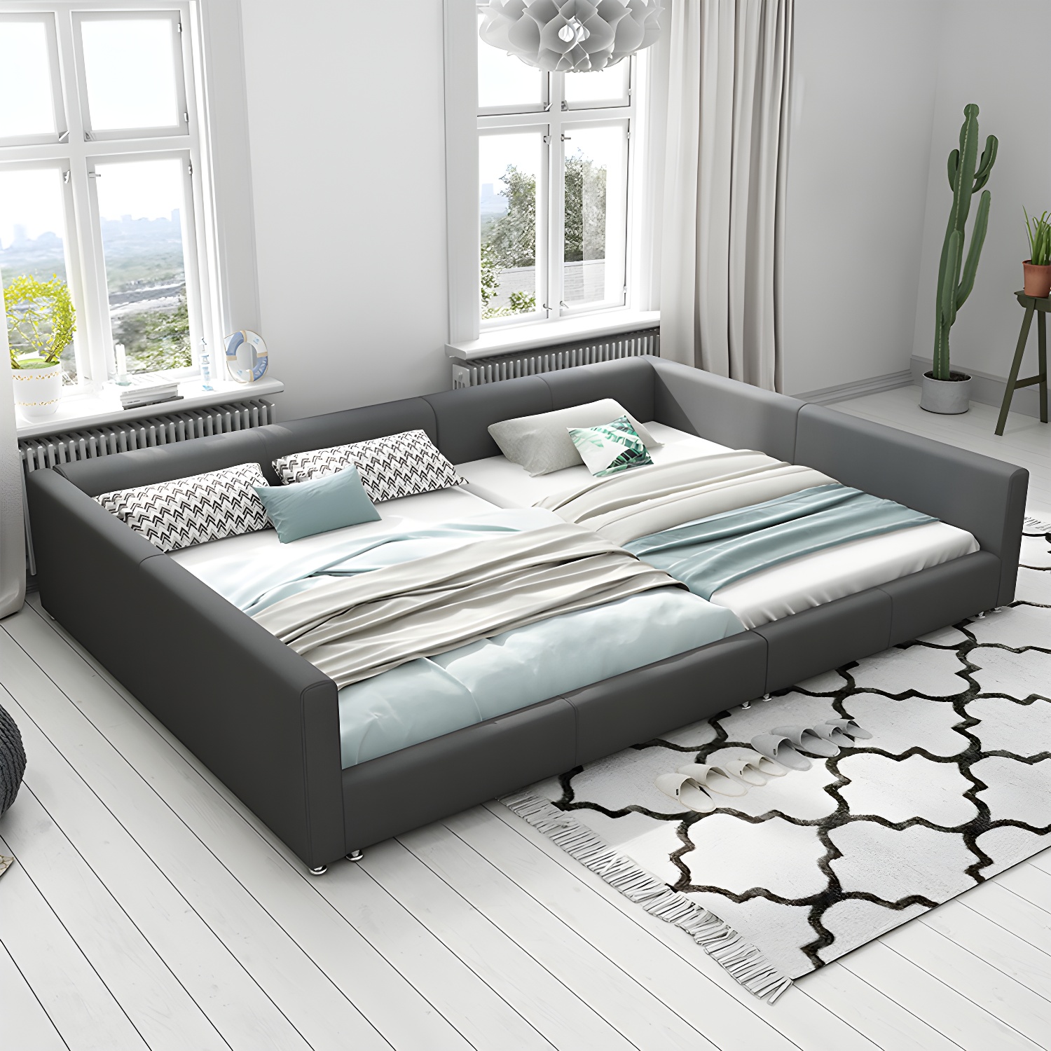 Contemporary Grey Genuine Leather and Wood Standard Bed for Bedroom - image 3