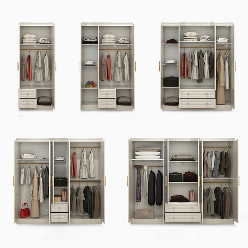 Art Deco Chalk Manufactured Wood Free Standing Interior Shelves Wardrobe with Soft Close Drawer and Hanging Rod