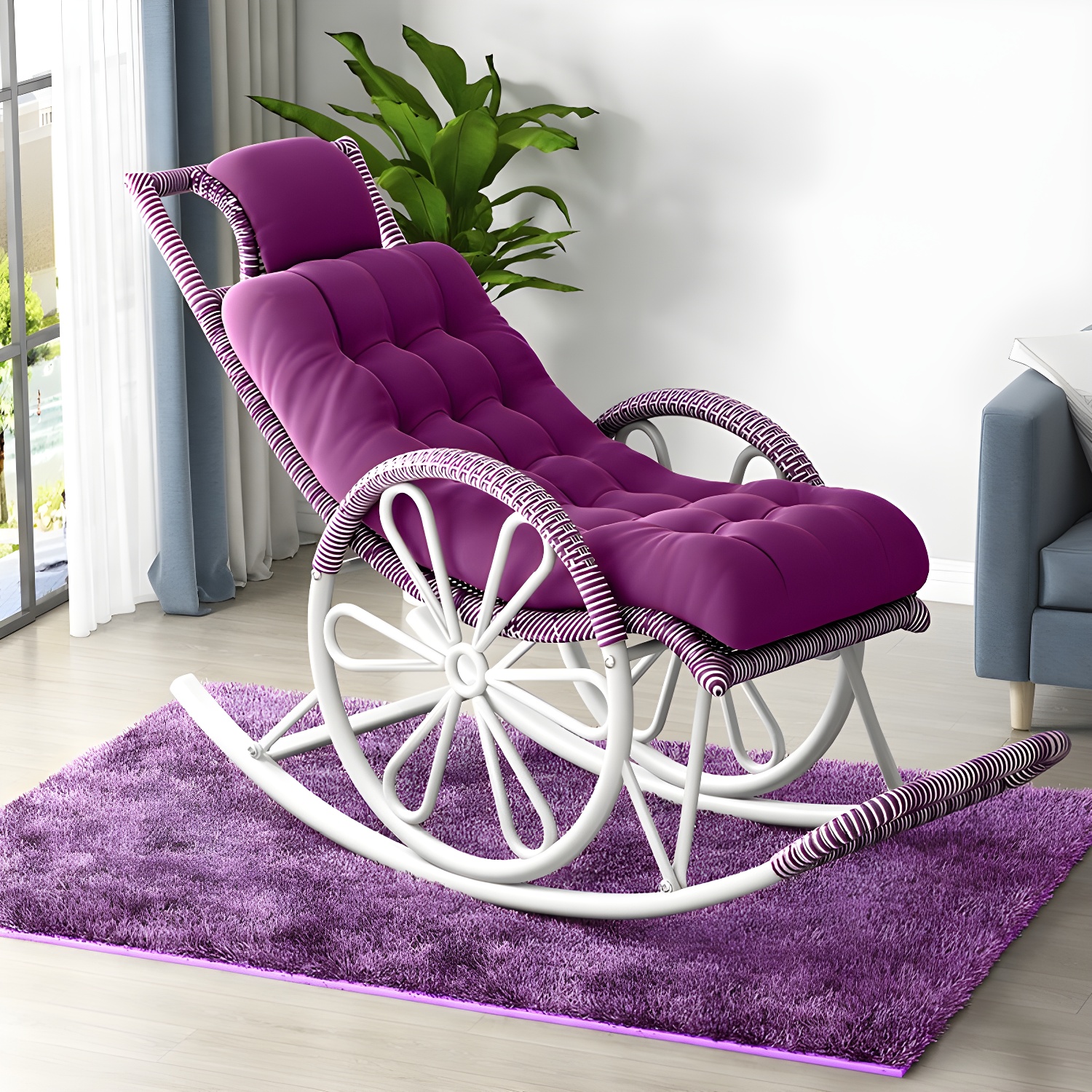 Modern Rocker Wicker Removable Cushions Tufted with Gray Frame Rocking Chair - image 8