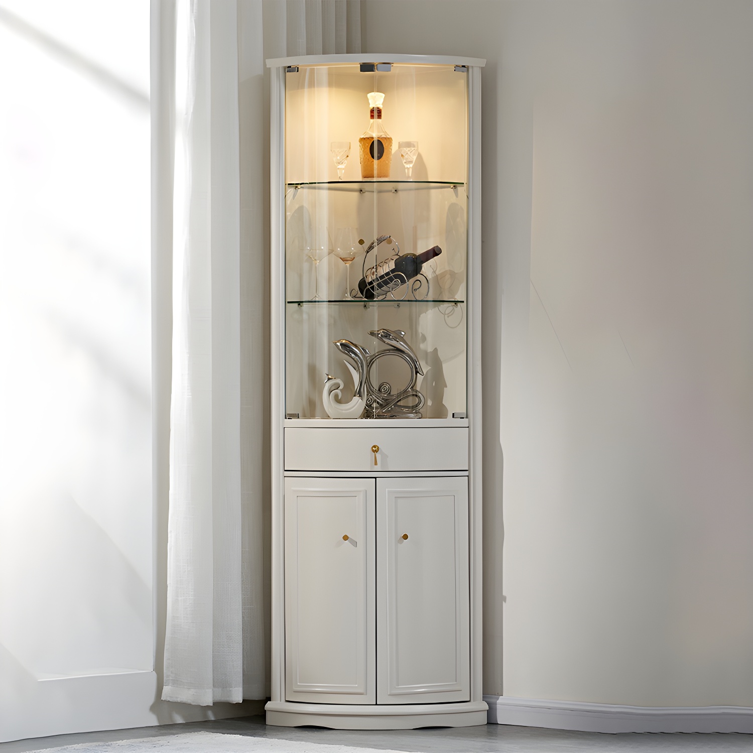 Corner Mid-Century Modern Accent Cabinet with Wood Countertop, Glass Doors, and Drawers Included - image 5