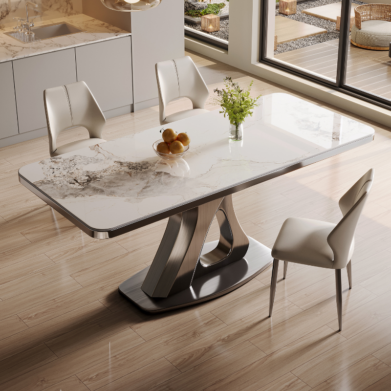 Dining Table Set with Slate Stone Top, Stump Base, Fixed Table, Padded Chair with Back in White