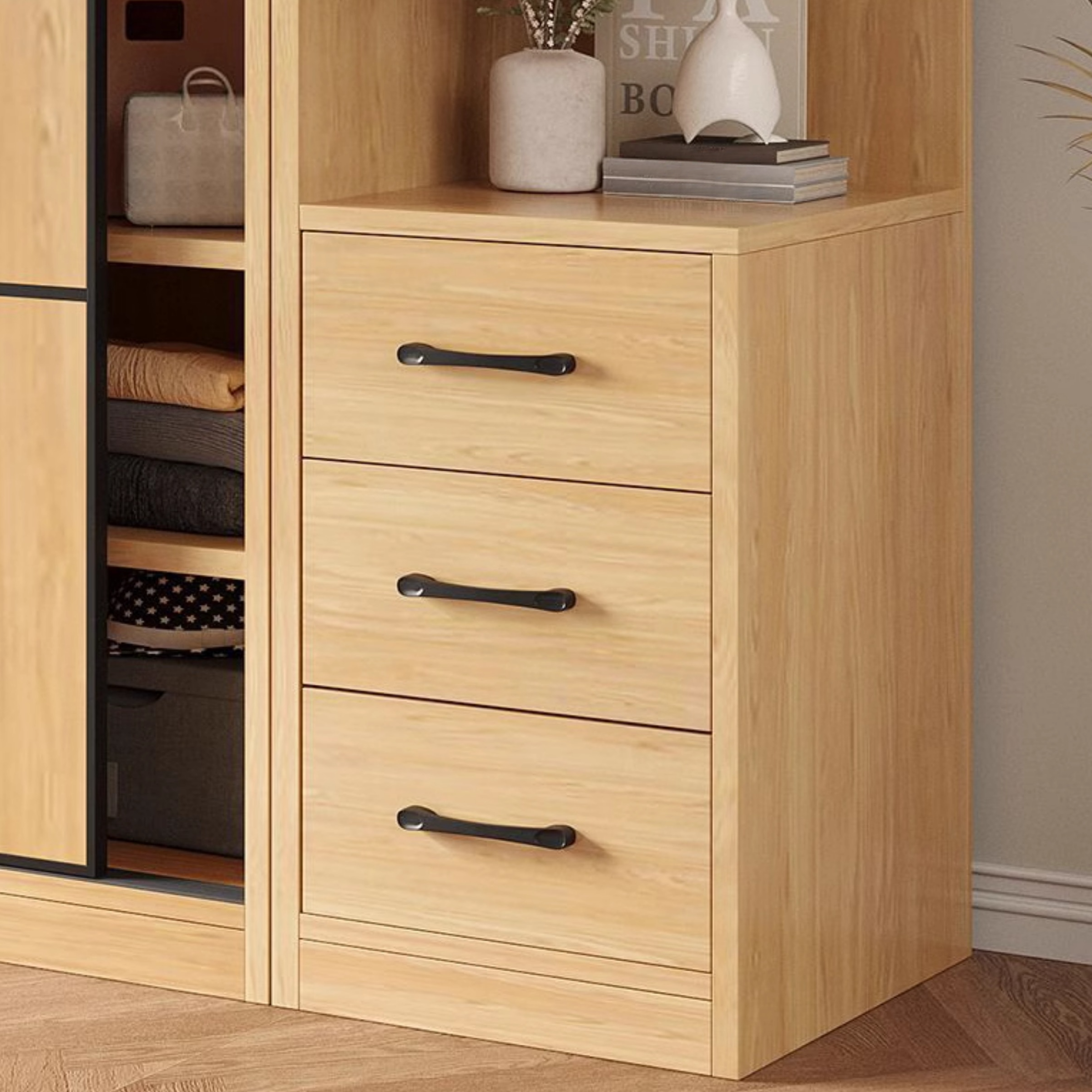 Natural Finish Modern Timber Self-supporting Wardrobe with Soft Close Drawer, Soft Close Door, and Clothing Rod - image 6