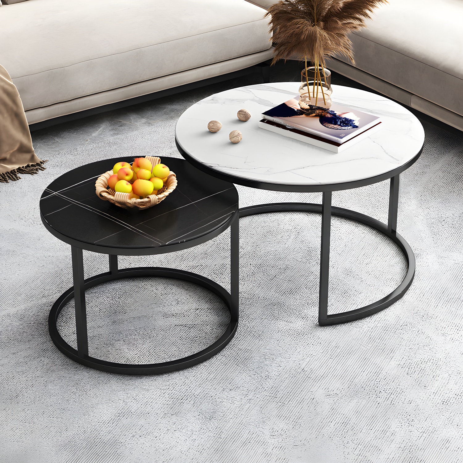Modern Nesting Coffee Table Set Frame Round Coffee Table Set with Drawer - image 9