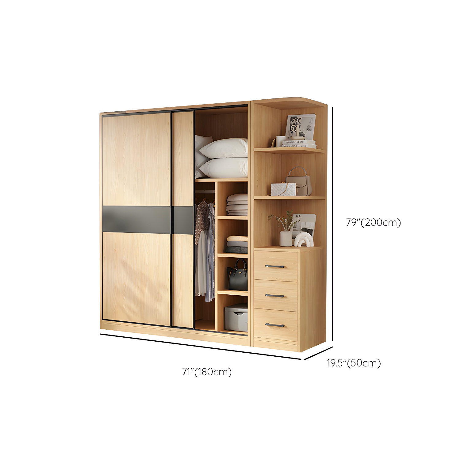 Light Wood Wardrobe Armoire with Sliding Doors, Clothing Rod, and Soft-Close Drawers - image 19
