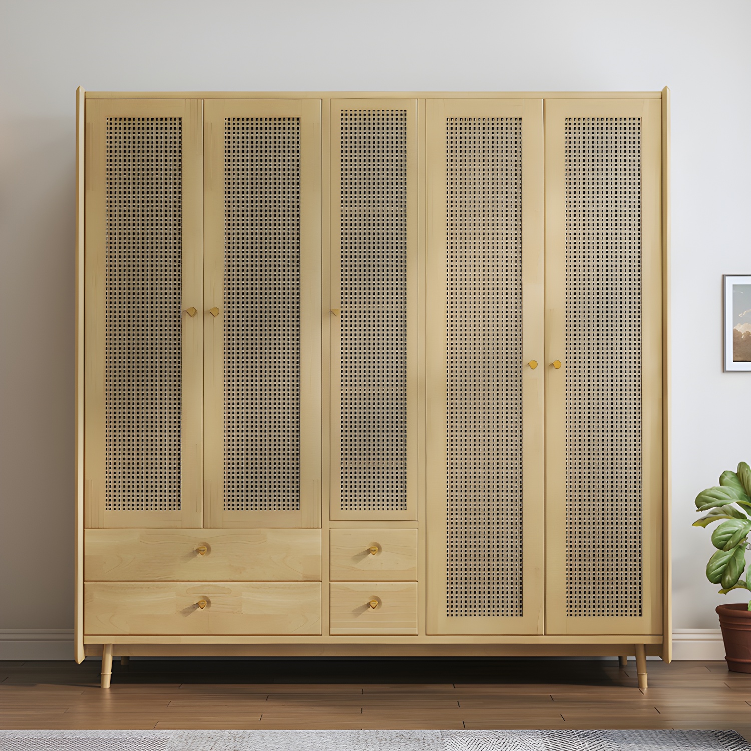 Rubberwood Solid Wood Frame Wardrobe Modern Rattan Hinged Doors with Legs - image 6