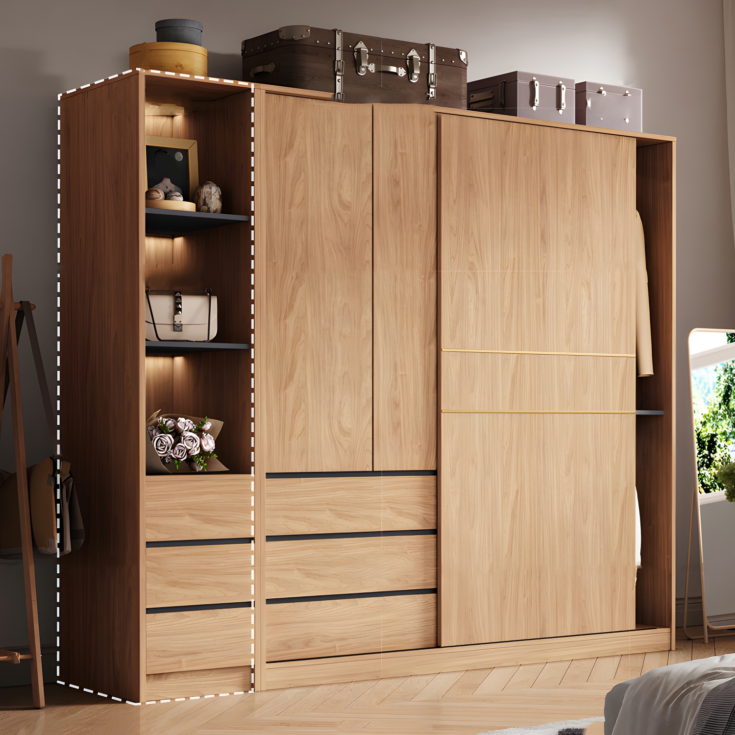 Contemporary Wood Wardrobe Armoire Freestanding Adjustable Shelves Wardrobe with Drawers