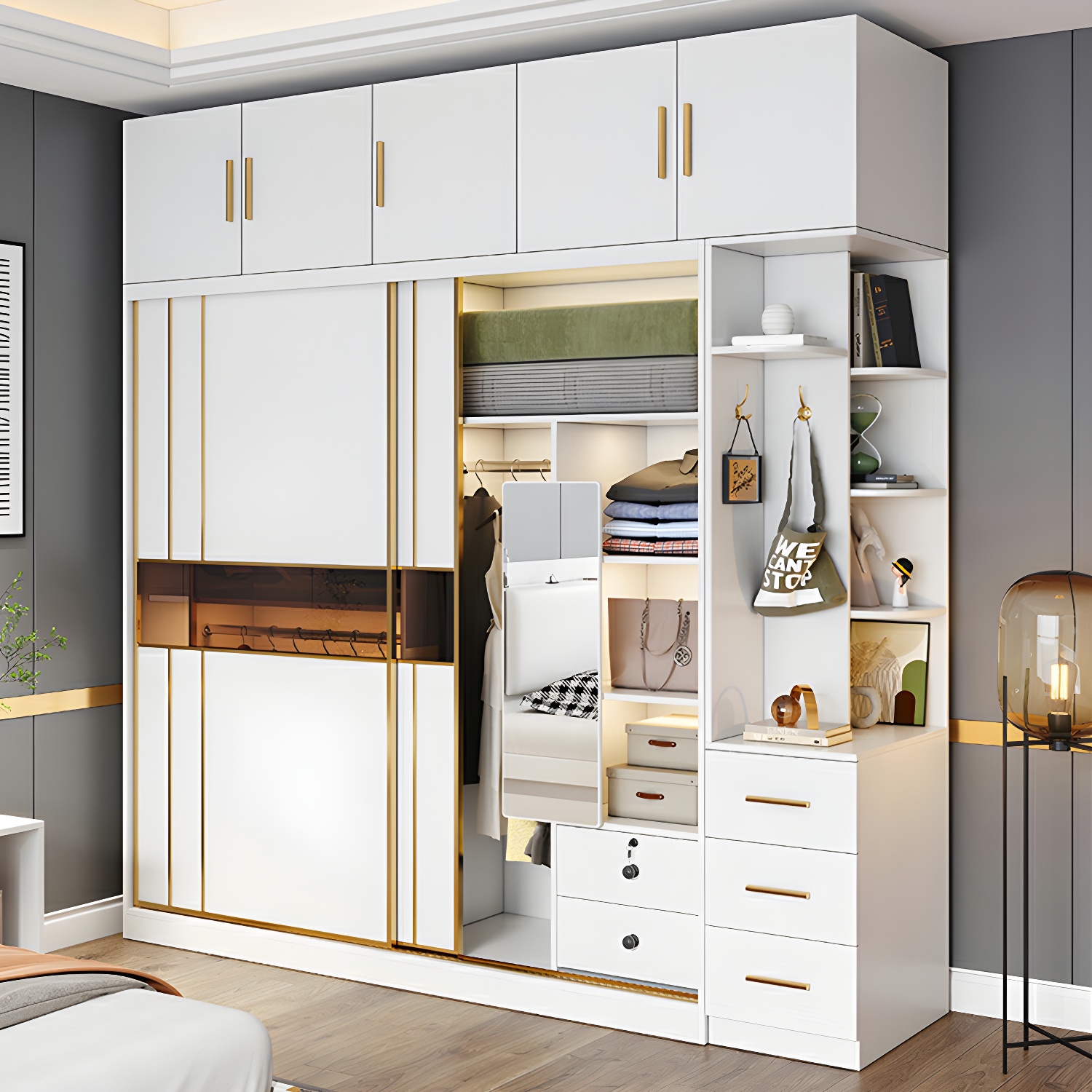 Modern White Wardrobe Armoire with Mirror, Drawers & Clothing Rod - image 10