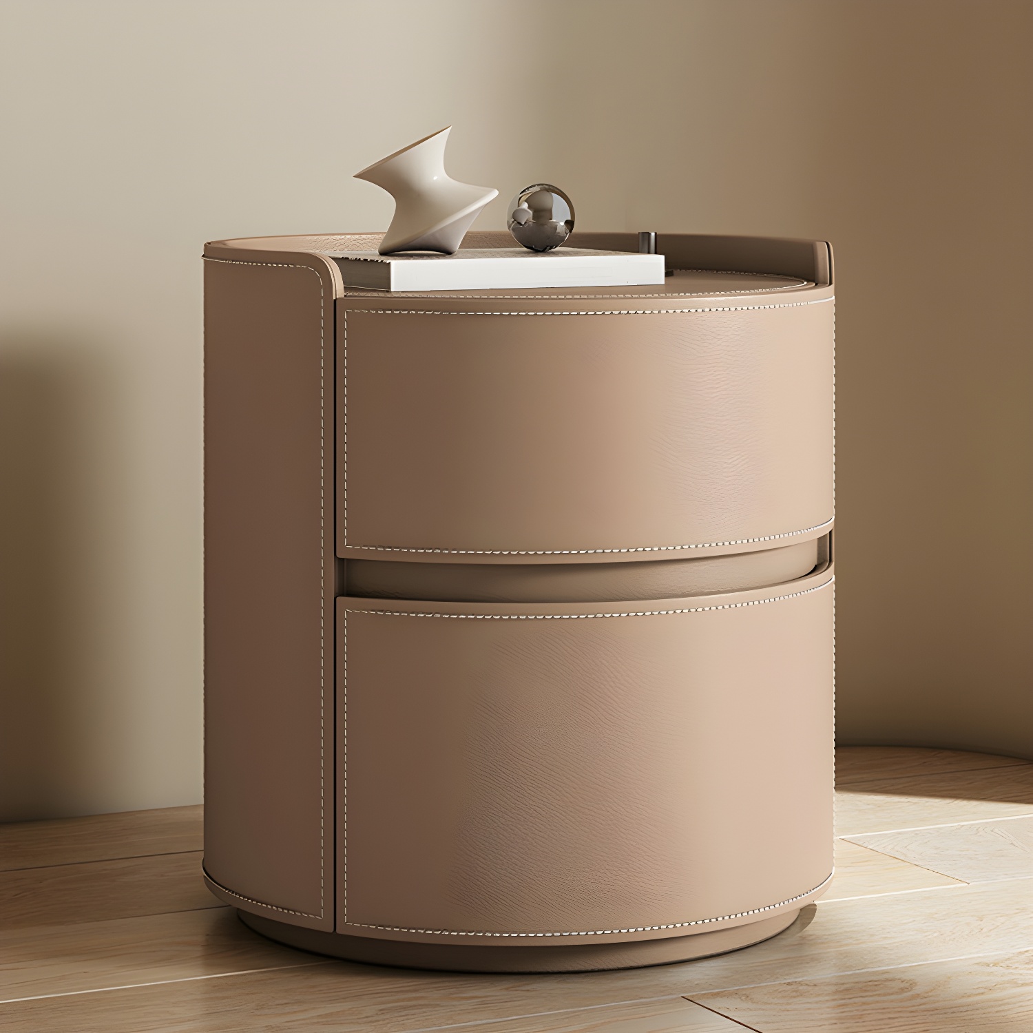 Modern Faux Leather Round Nightstand with 2 Drawers in Under 21 in. Narrow Size - image 5