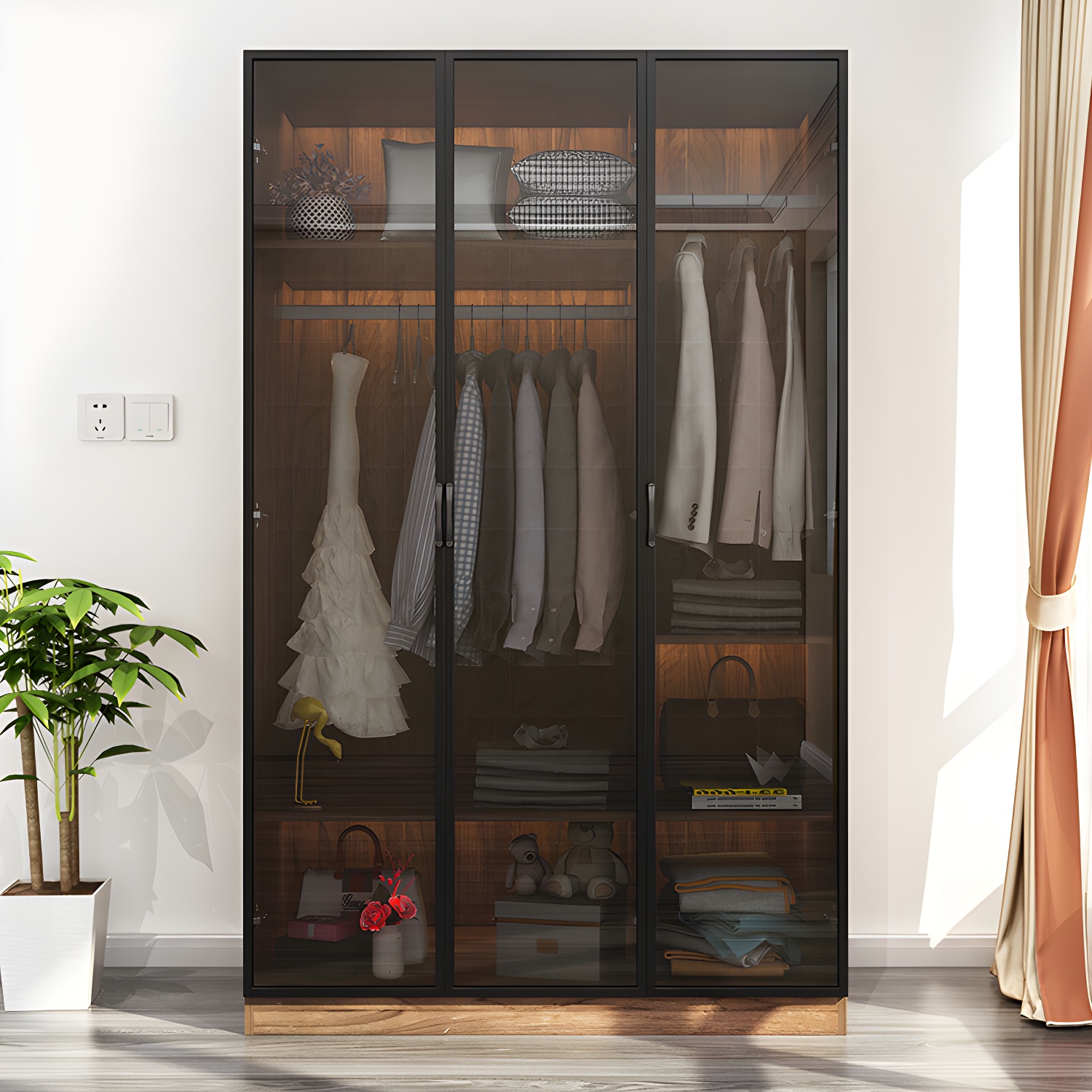 Modern Freestanding Wardrobe Armoire Tempered Glass Doors Wardrobe with Shelves - image 3