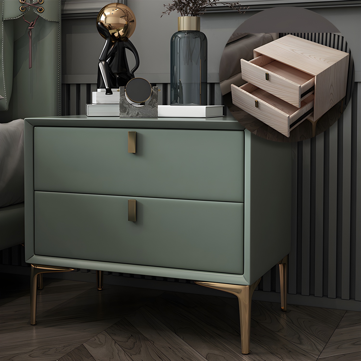 2 Drawer Solid Wood Modern Night Table Drawer Storage Bed Nightstand - image 6