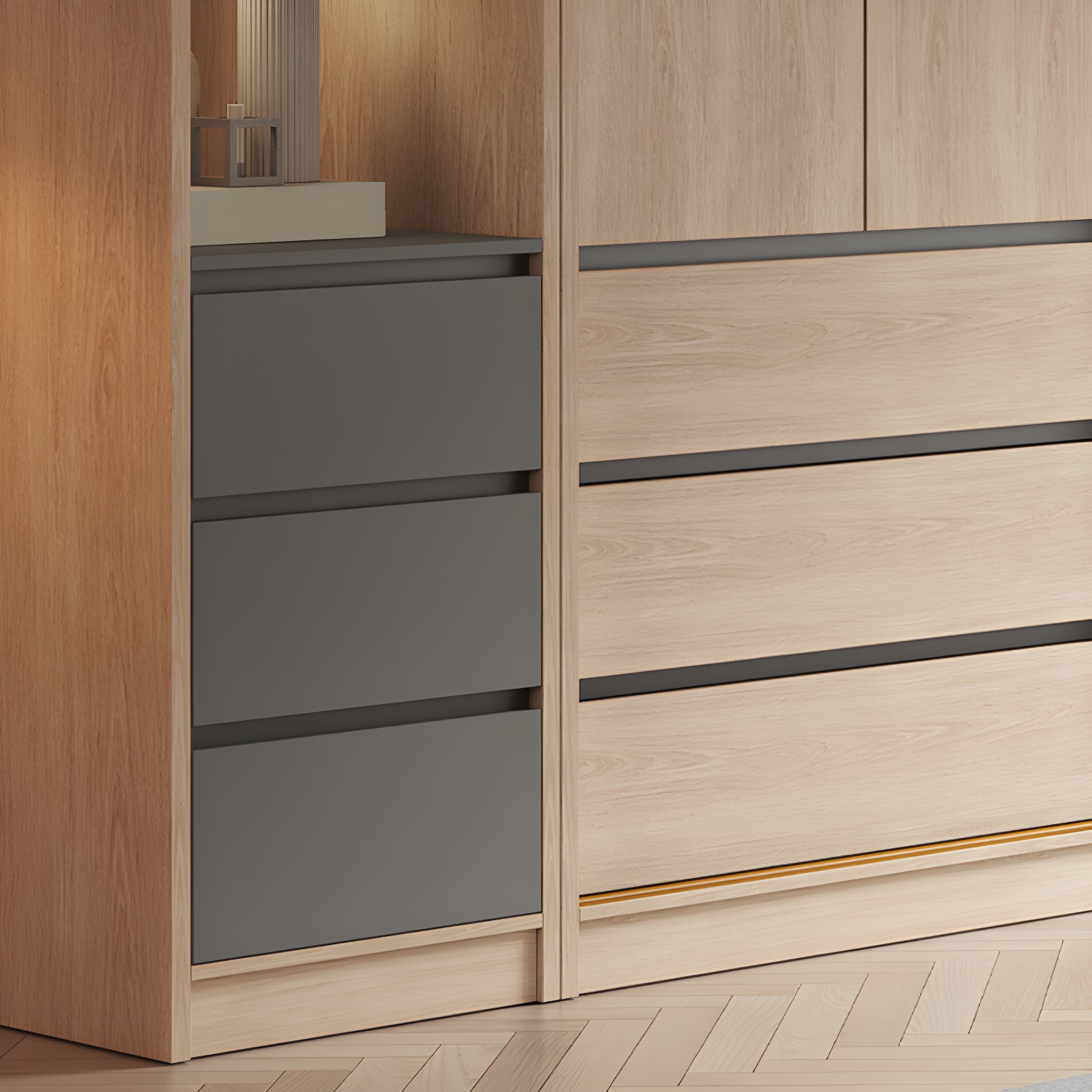 Contemporary Glass Sliding Doors Wardrobe Natural Wood Wardrobe with Drawers - image 8