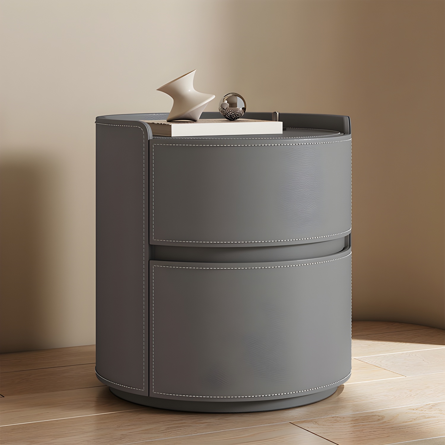 Chic Modern Round Nightstand with Light Wood Tone Faux Leather and Numerate Two Drawer Storage - image 8