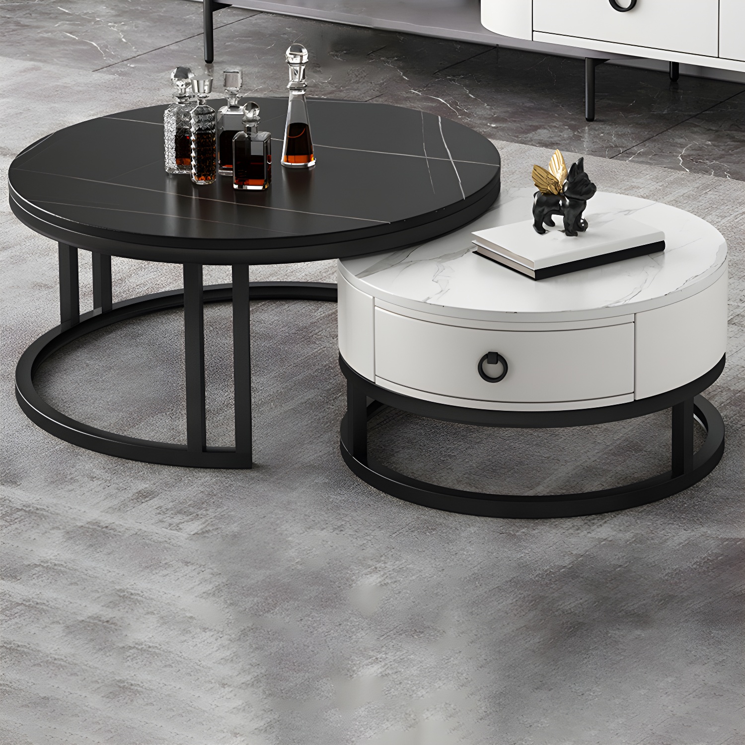 Modern Nesting Coffee Table Set Frame Round Coffee Table Set with Drawer - image 8