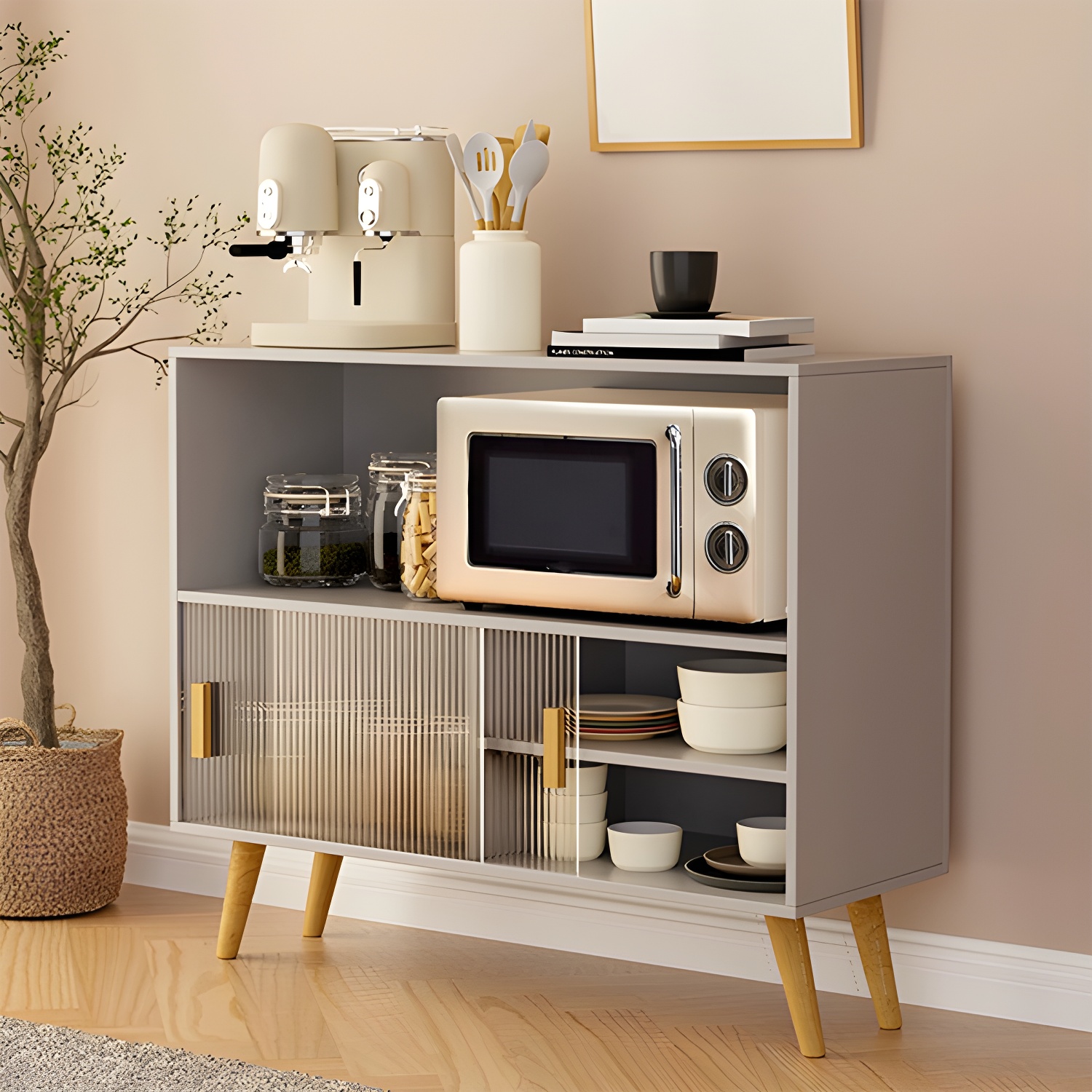Scandinavian Wood Buffet Table with Acrylic Sliding Doors and Cabinet - image 11