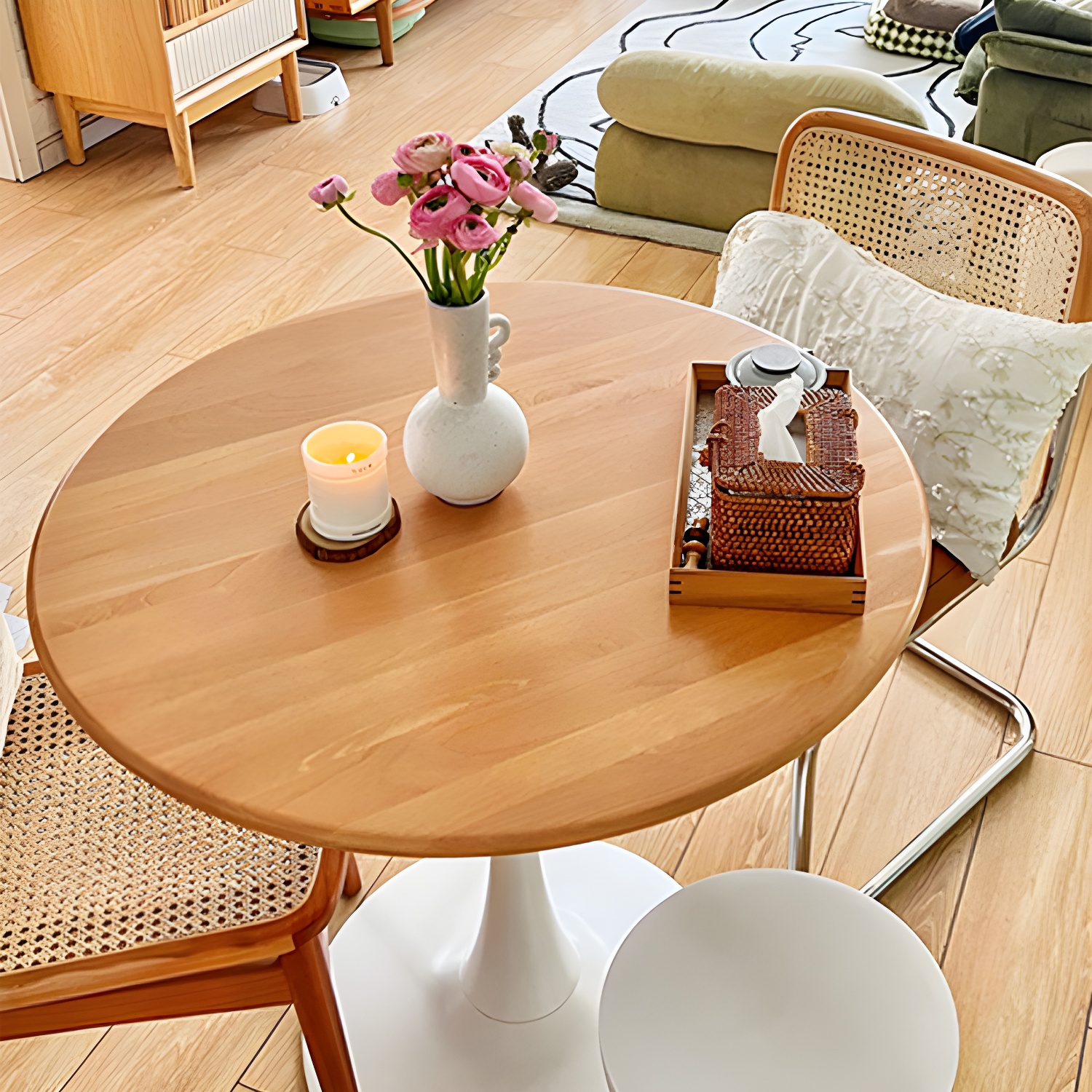 White Round Wood Dining Table with Steel Tulip Base, Modern Design - image 6