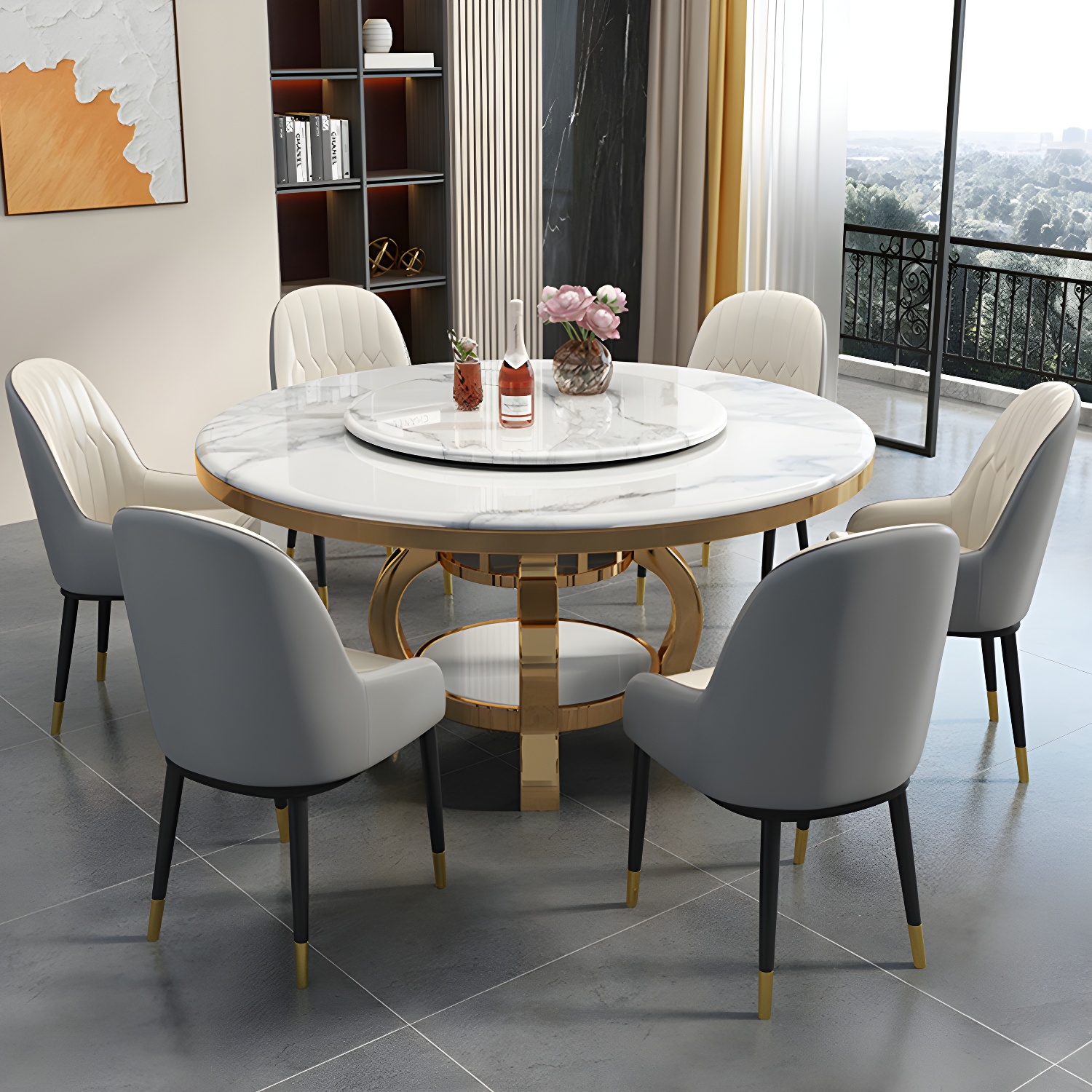 Kitchen 1/7/9/11 Pcs Dining Set with Round Dinette Table and Leather Chairs - image 12