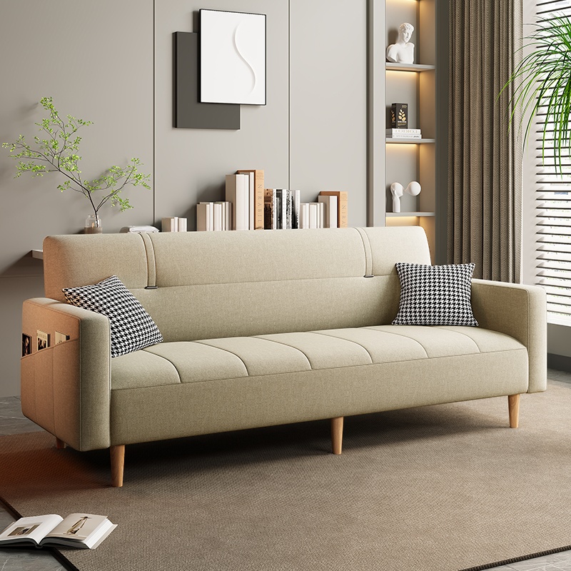 Trendy Solid Color Convertible Sofa in Light Gray/Butter Color/Coffee with Arm, 4-seater/Seats 3/2 People, Receptacle Storage, and 2 Pillows