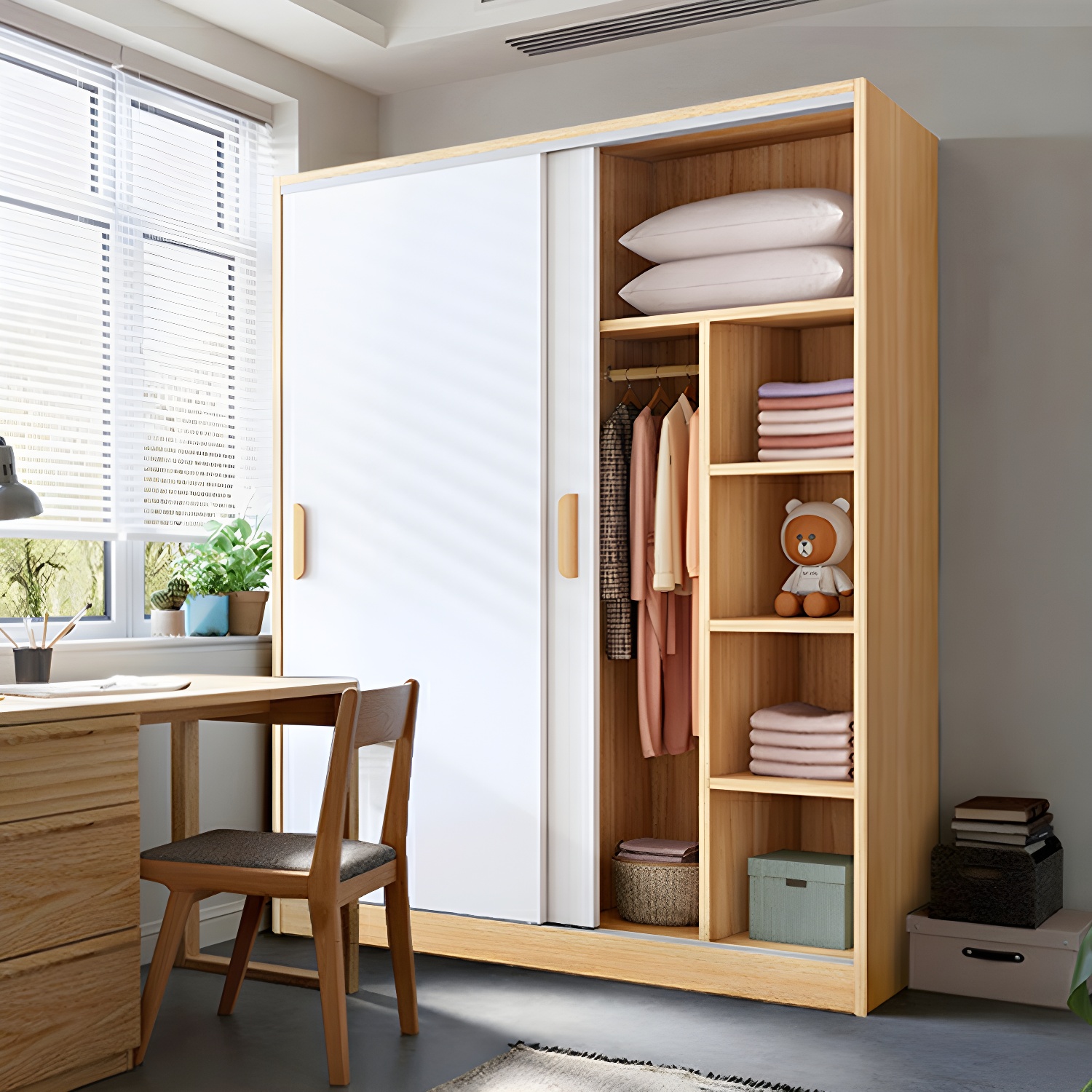 Contemporary Wood Wardrobe Armoire with Sliding Doors, Clothing Rod, and Interior Shelves - image 14