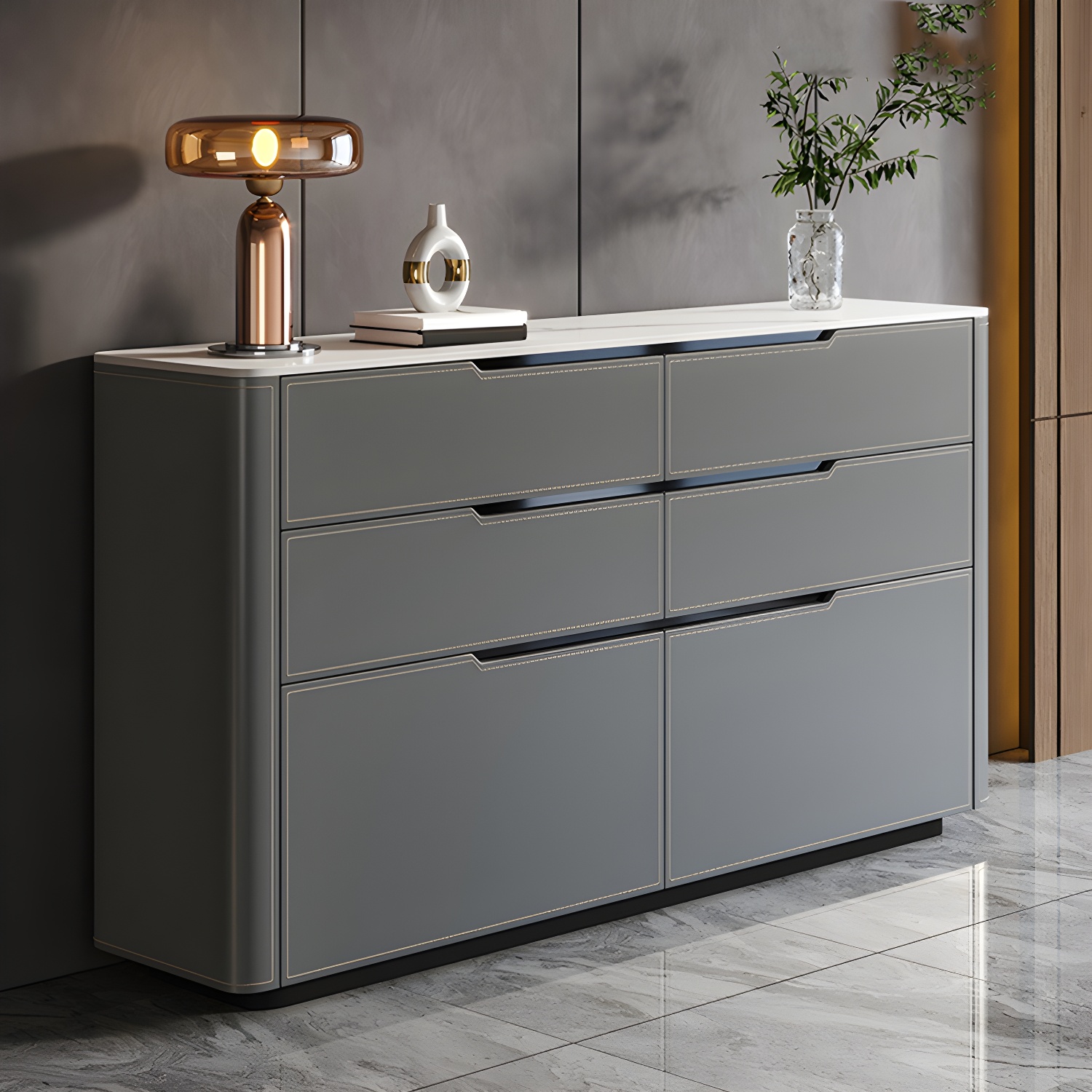 Wood Modern 4-Drawer and 2-Door Storage Sideboard with Stone Countertop - image 4