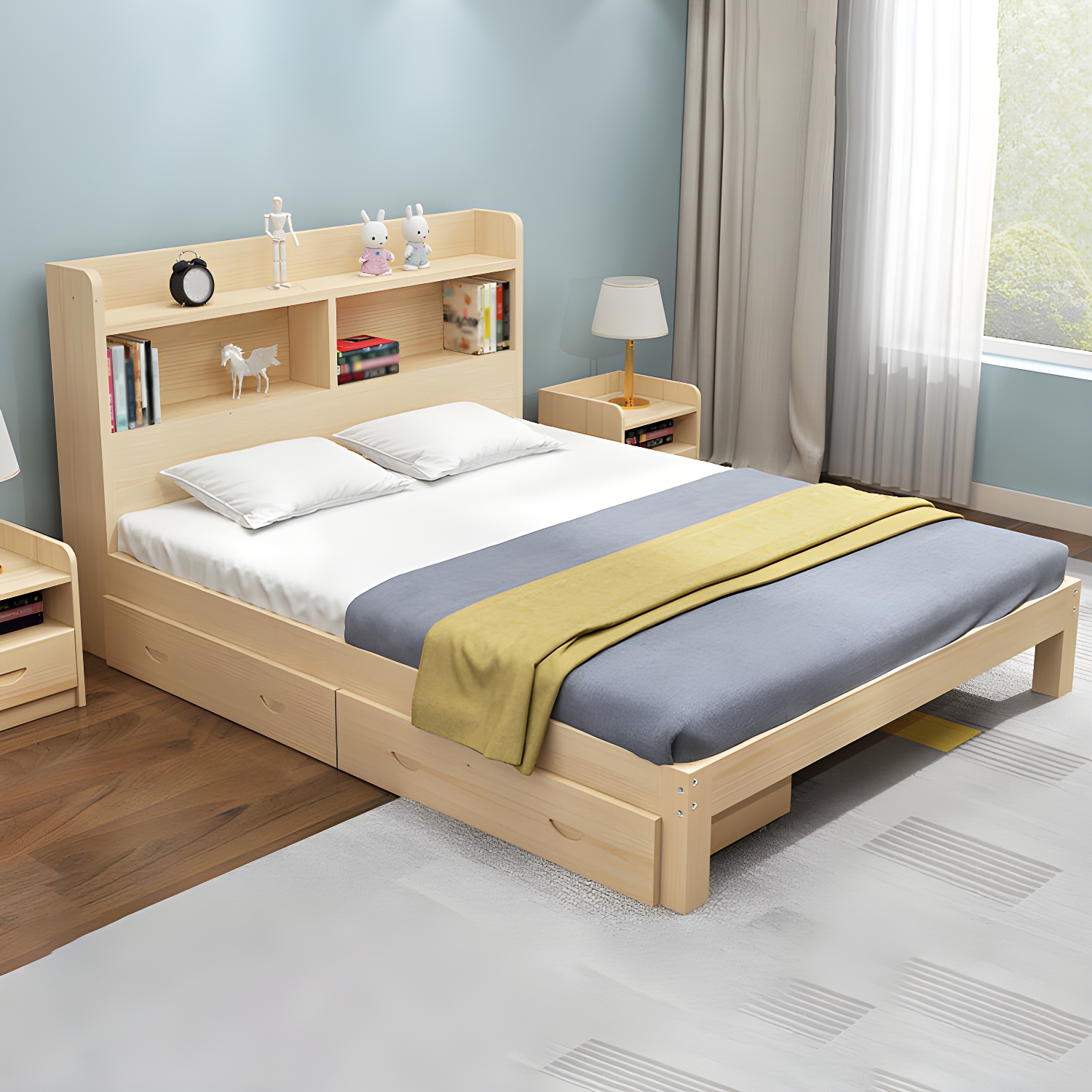 Nordic Solid Wood Bookcase Included Bed Frame Upholstered 2-Drawer Bed Frame - image 2