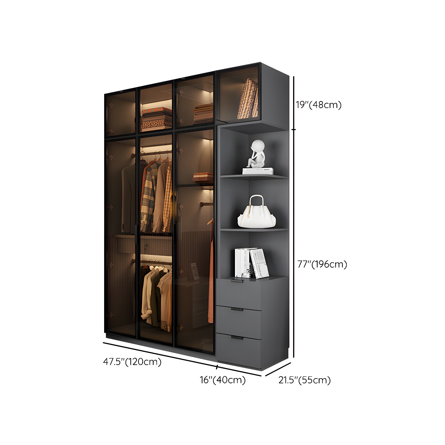 Modern Glass Wardrobe Cloth Rod Included Wardrobe Closet without Light - image 38