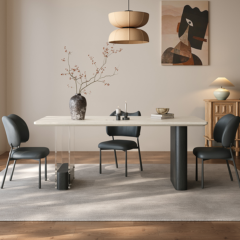 Dining Table Set with Rectangular Slate Stone Top and Two-sided Pedestal, Featuring Padded Chair with Back, 5-piece in Ivory - image 4