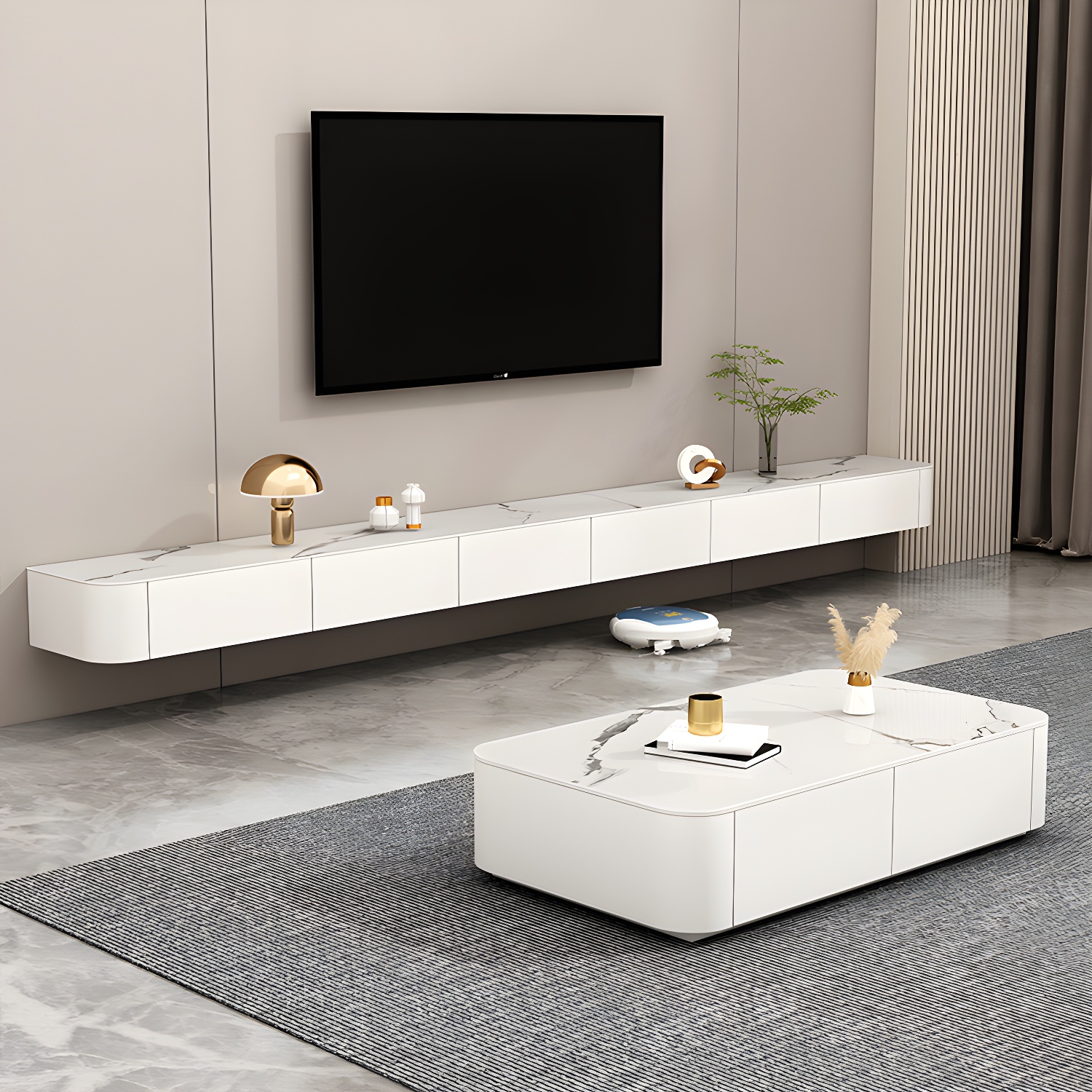 Stone TV Stand Console in Solid Wood with Storage Drawers Contemporary - image 6