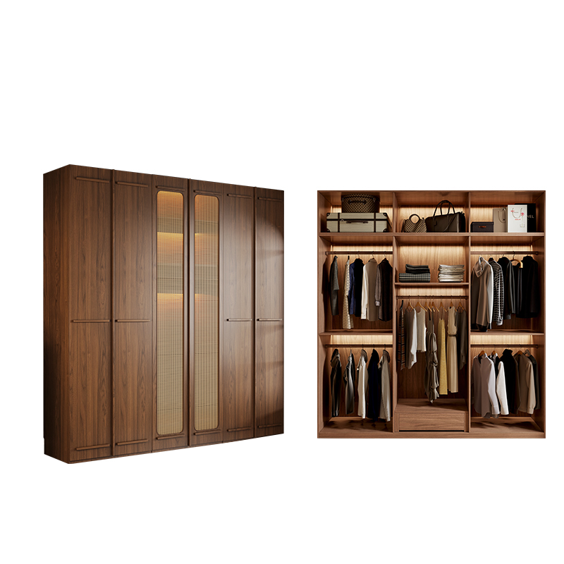 Modern Natural Wood Standalone Almirah with Soft Close Drawer and Door, Interior Shelves, and Hanging Rod