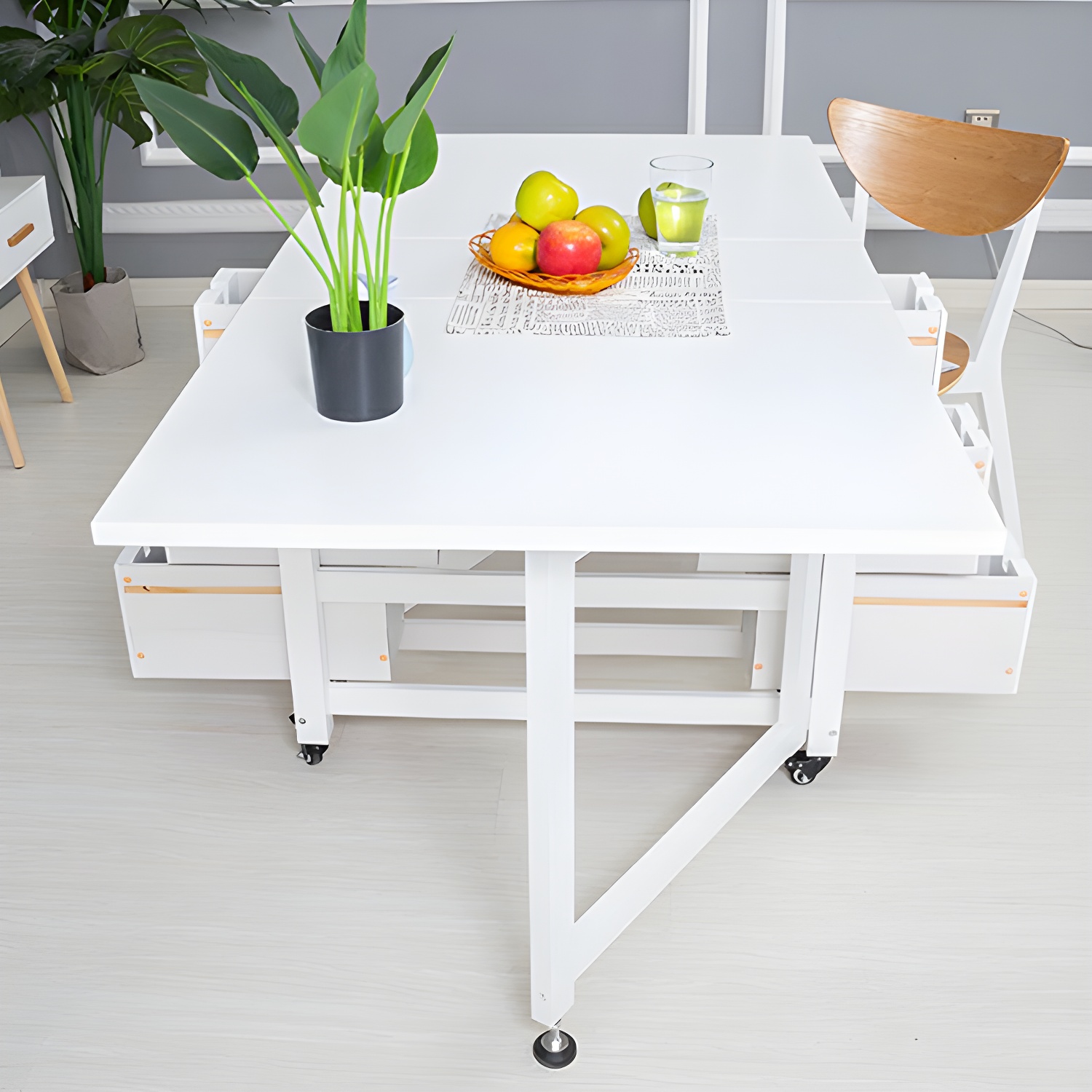 Modern Birch Wood Drop Leaf Rectangle Kitchen & Dining Table with Pedestal Base and Storage Included - image 13