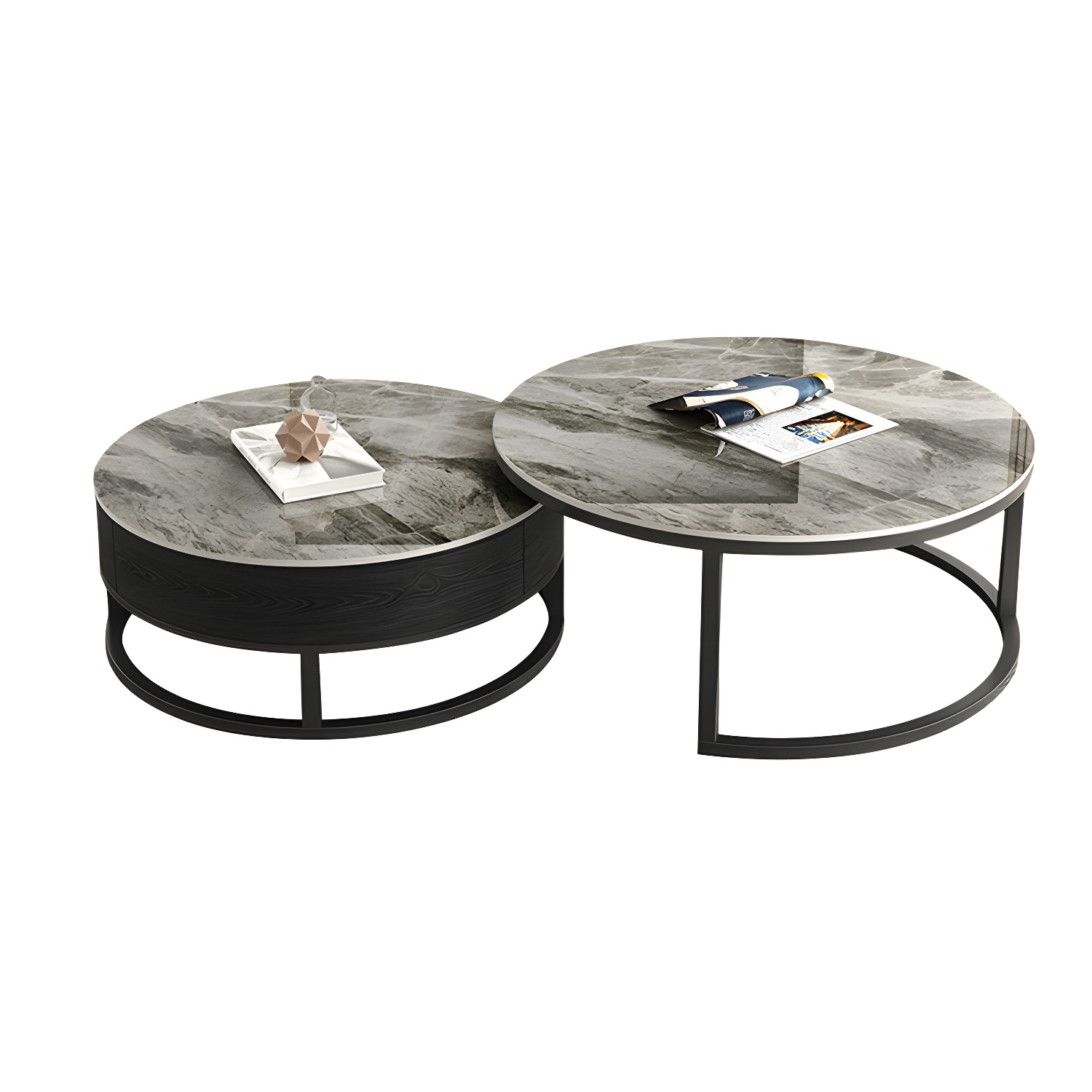 Set of 2 Round Stone Top Modern Nesting Tables with Black Metal Frames and Drawers Included - image 9