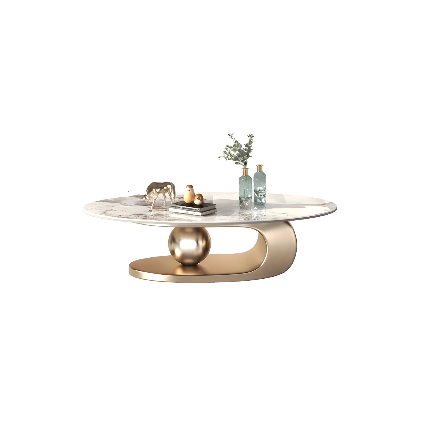 Glam Stone Coffee Table - Beige Oval Shape with Abstract Stainless Steel Base and Scratch Resistant - image 8