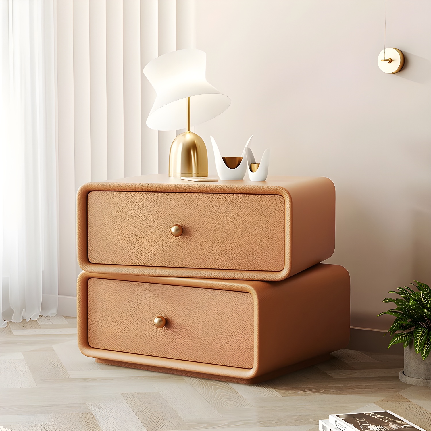 Modern Wood Nightstand with 2 Drawers - Faux Leather Countertop - Small and Stylish