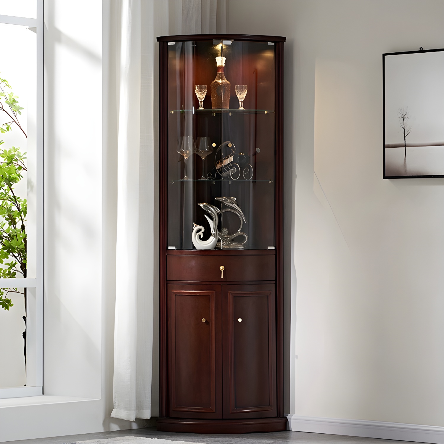 Corner Mid-Century Modern Accent Cabinet with Wood Countertop, Glass Doors, and Drawers Included - image 14