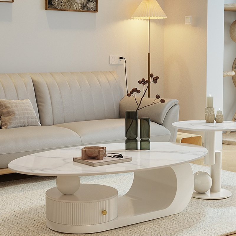 White/Black Farmhouse Single Stone Accent Table with Base, Oval Top, and 1 Drawer - image 4