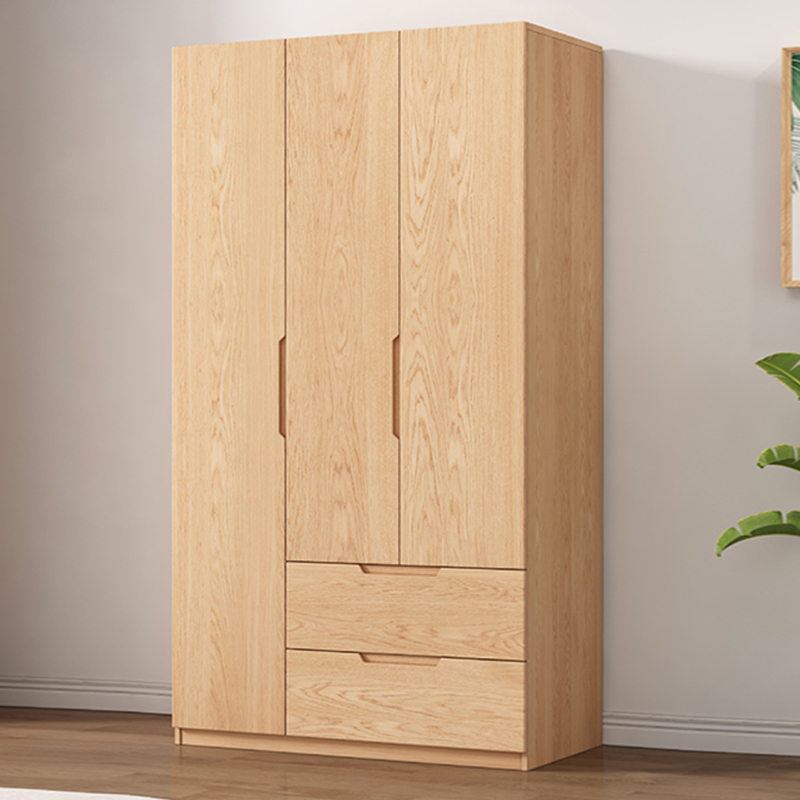 Stylish Natural Wood Wardrobe Armoire with Drawers and Silent Buffer Door Hinge