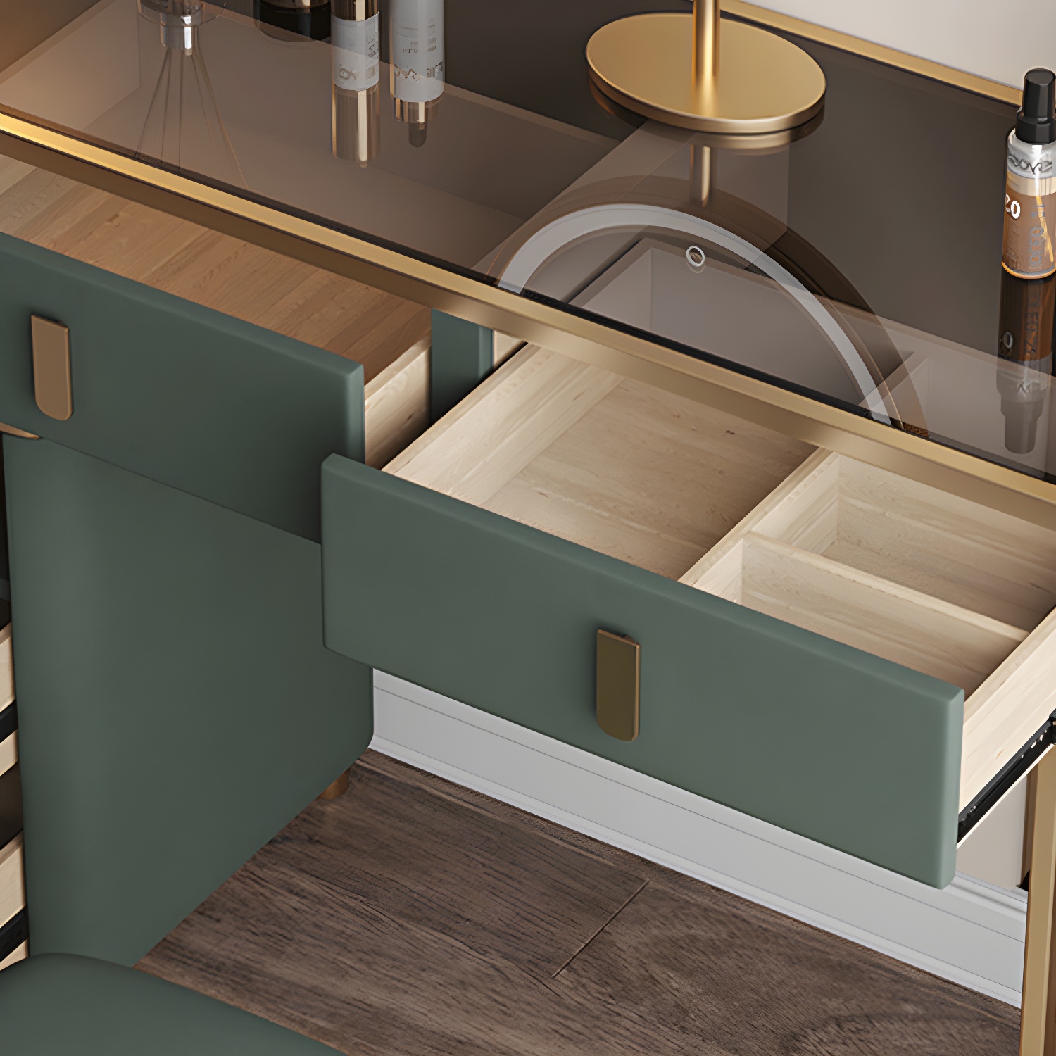 Glass Top Dressing Table Solid Wood Green Make-up Vanity with Drawers - image 6