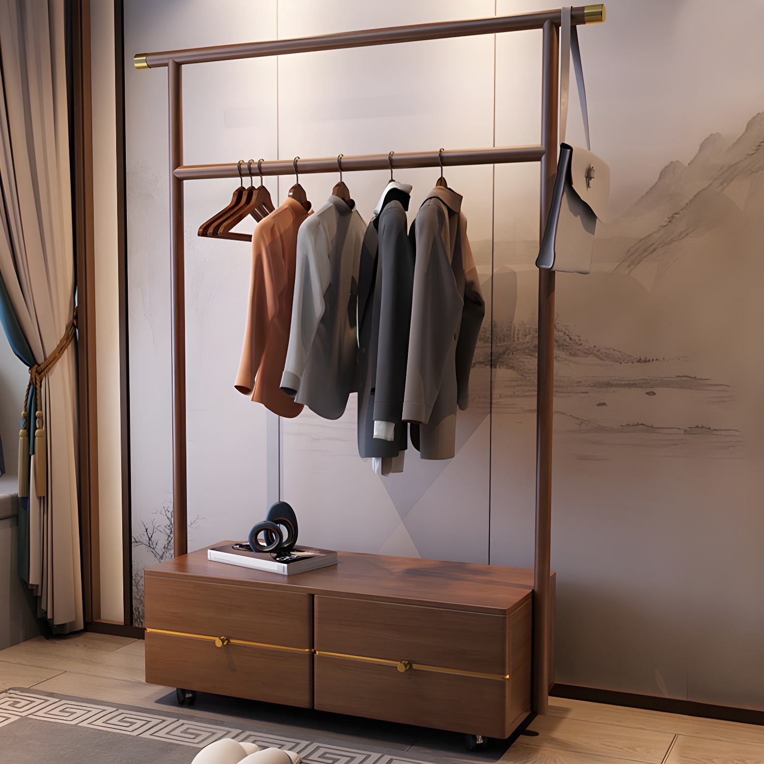 Contemporary Movable Wardrobe Wooden Bedroom Armoire with Drawers - image 8