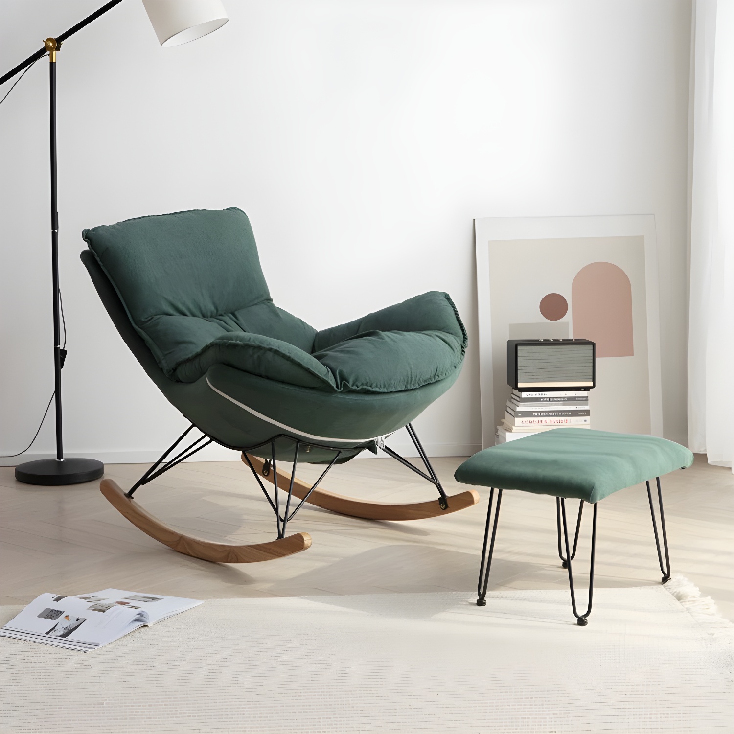 Modern Rocking Chair with Ottomans - Metal Frame, Removable Cushions, and Armless Design