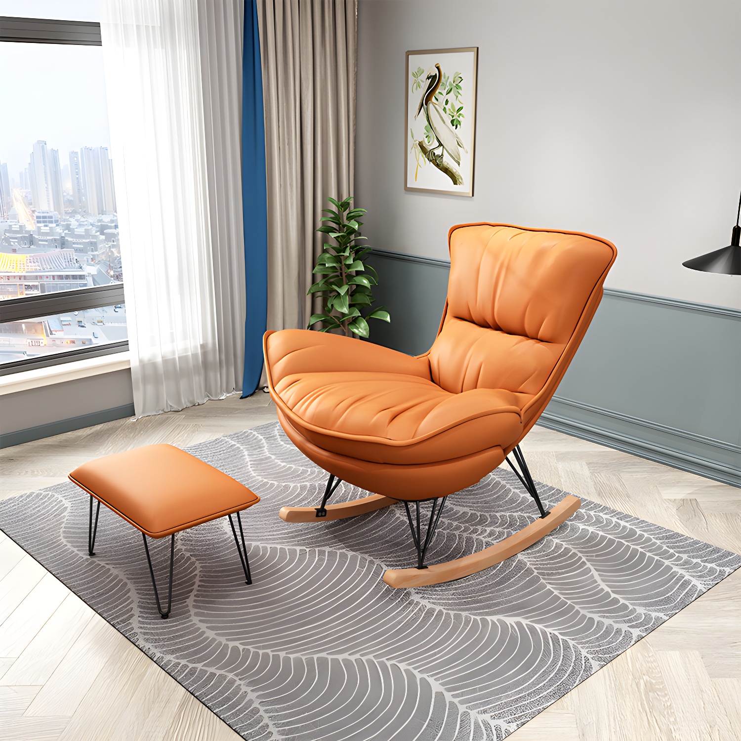 Glam Rocking Accent Chair Upholstered Antique Finish Rocking Chair with Ottoman - image 6