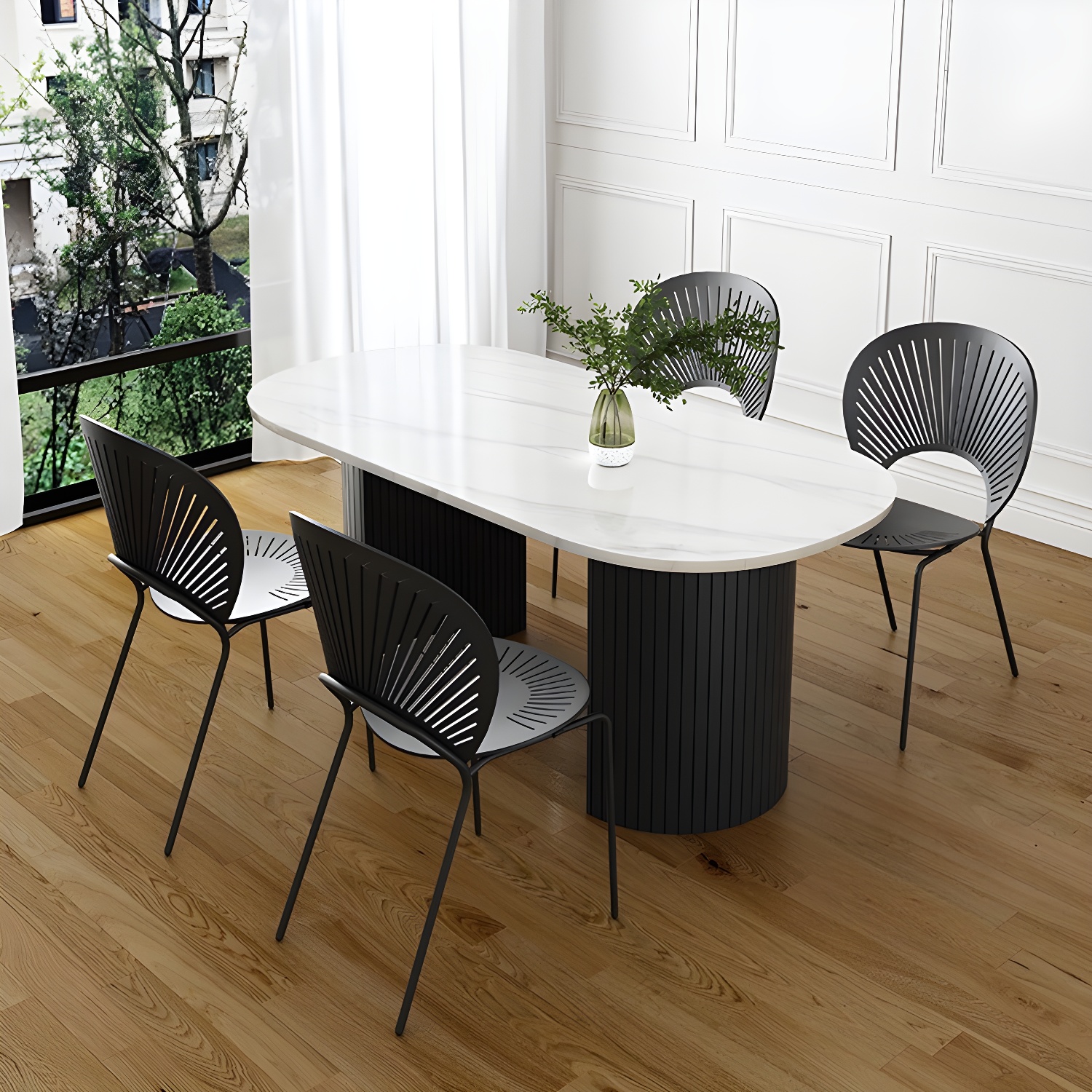 Modern Oval Dinette Table Sintered Stone Top Black Steel Double Pedestal Table - image 3