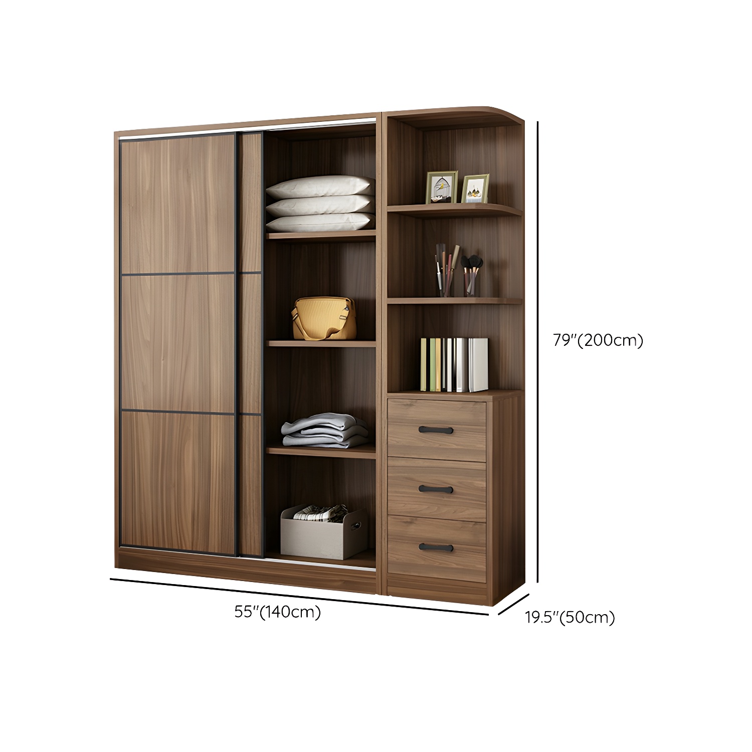 Non-Adjustable Traditional Brown Wood Wardrobe Armoire with Sliding Doors & Soft Close Drawers - image 21