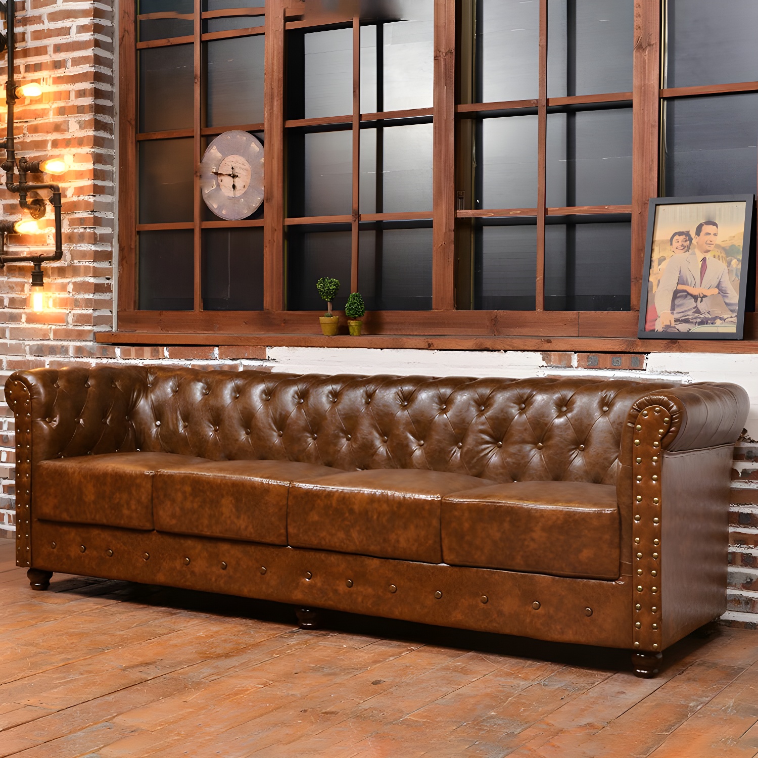 Vintage Leather Chesterfield Sofa 29.53"High Rolled Arm Sofa for Cafe - image 12