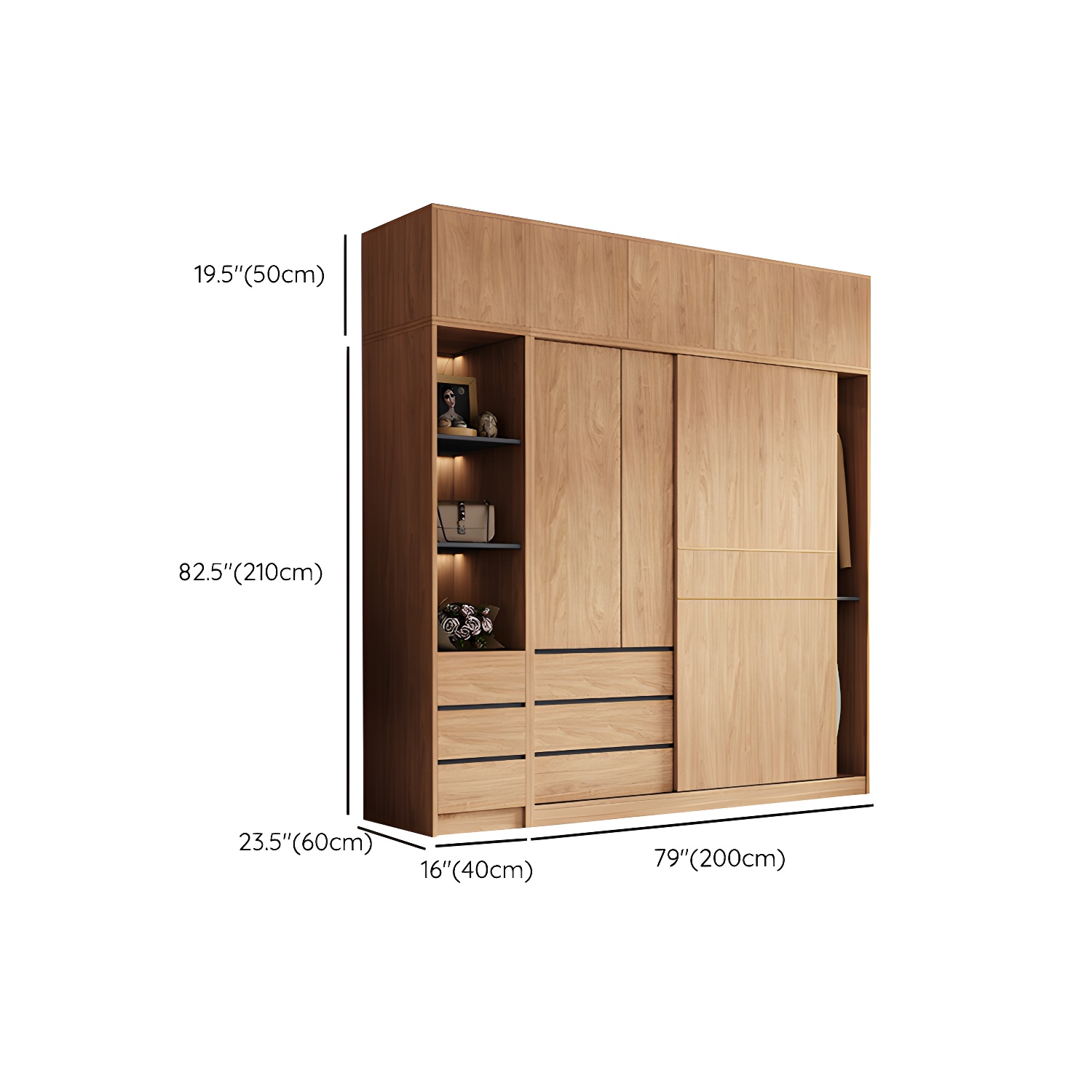 Natural Finish Wardrobe Armoire Sliding Wardrobe Cabinet with Drawer - image 28