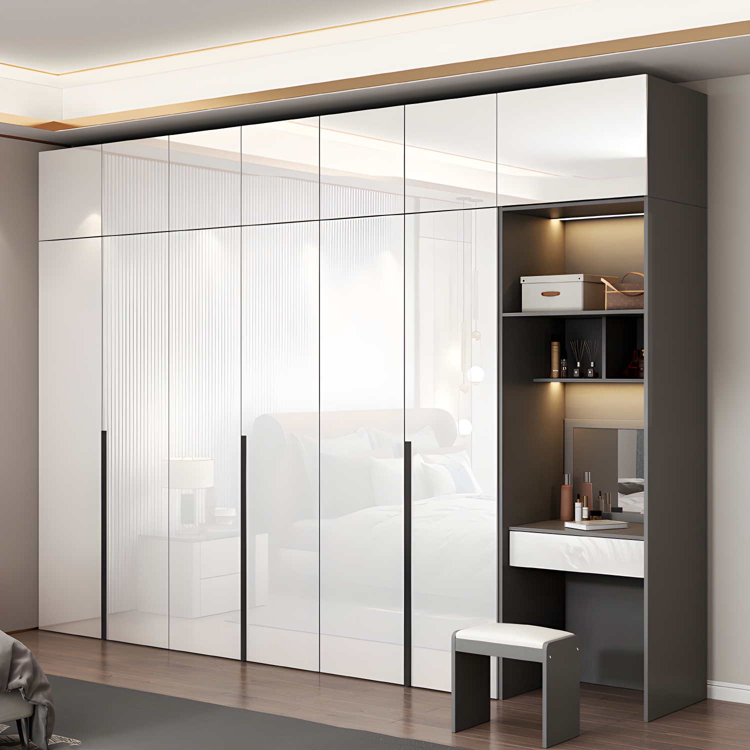 White Mirrored Finish Wardrobe Armoire Engineered Wood Wardrobe Cabinet - image 12