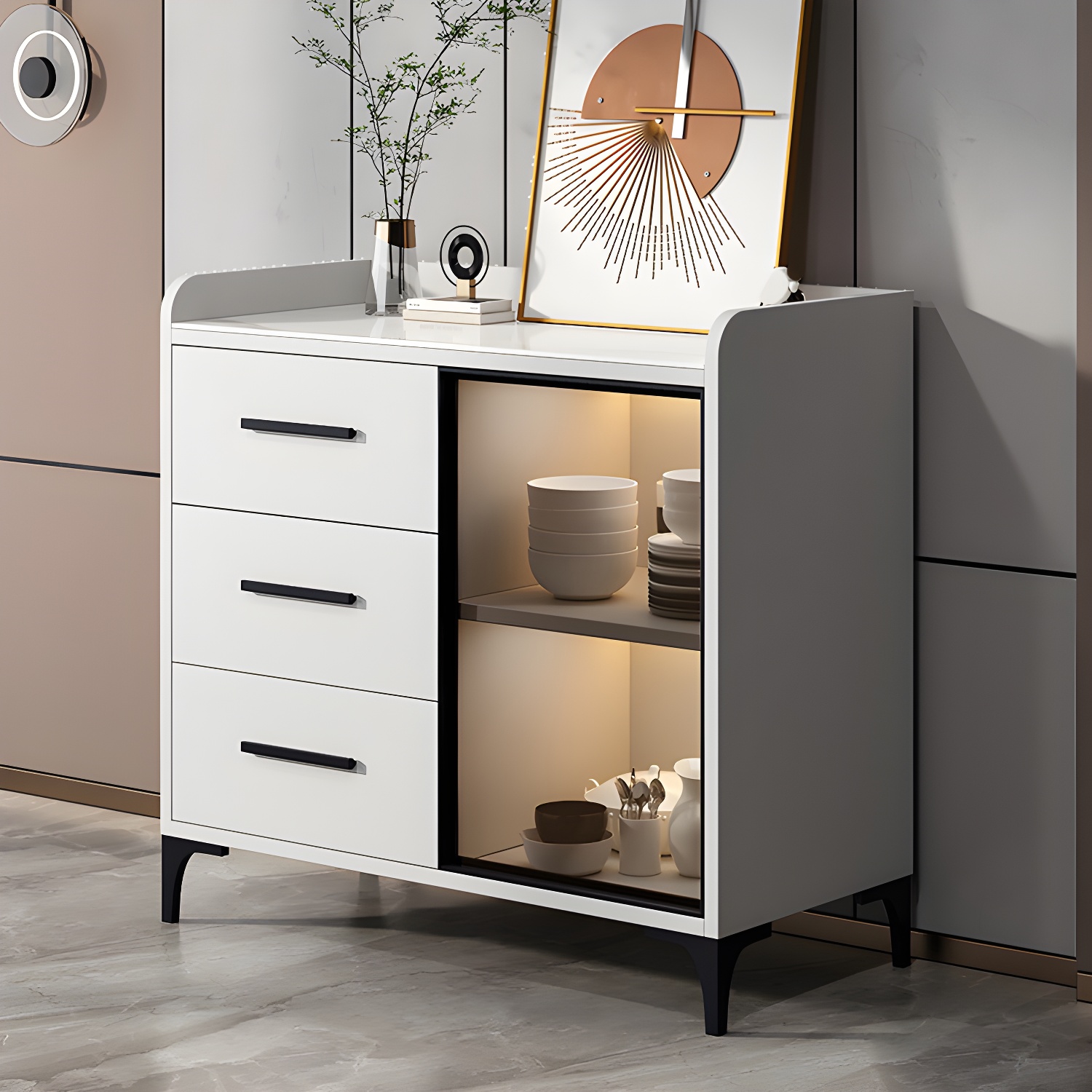 Glam Style Sideboard Wood Glass Doors Side Board with Cabinets and Drawers without Light - image 3