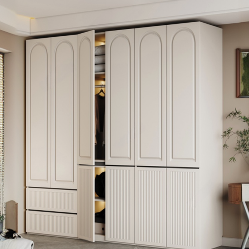 White Minimalist Manufactured Wood Independent Wardrobe Closet with Soft Close Drawer, Soft Close Door, and Interior Shelves