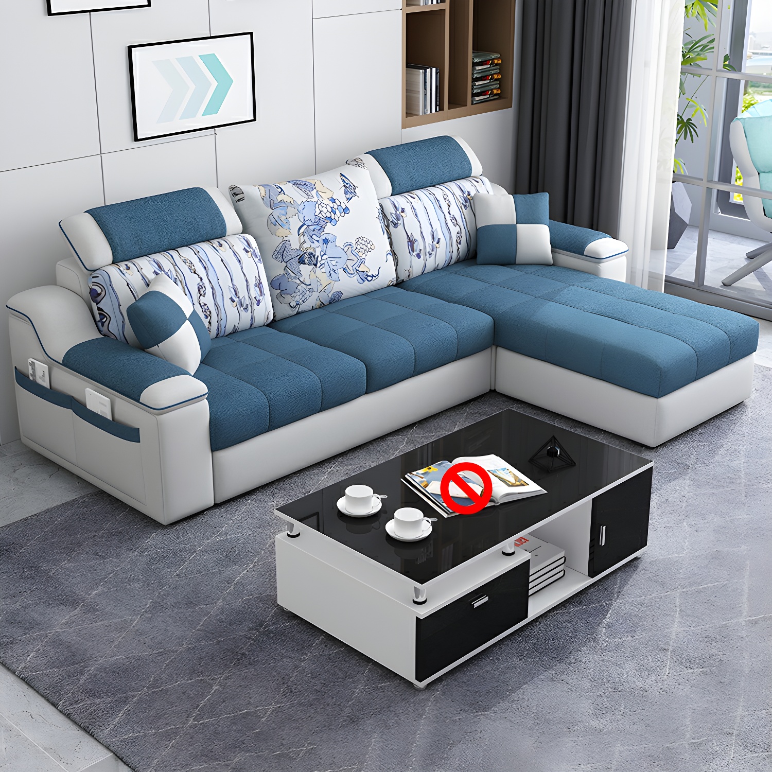 Reversible L-Shape Scandinavian Sectional Sofa with Ottoman and Adjustable Headrest in 2 Piece Set